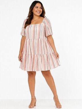 Gabby Skye Striped Babydoll Dress Puff Sleeve Square Neck Pink Beige 18W Pastel